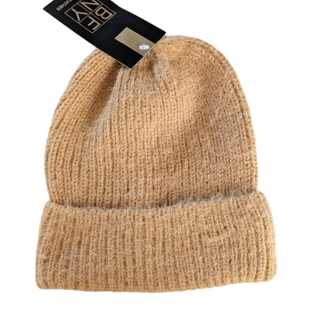 Fuzzy Beanie Hat Beige Knit BF NY Tan Solid Winter Stretch Ribbed Sock Hat